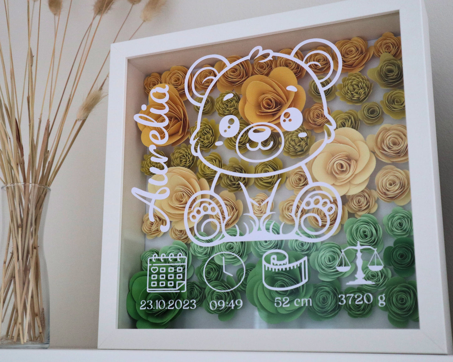 Personalisiertes Geburtsbild mit Namen, Datum & Daten – Bilderrahmen zur Geburt mit Teddy & Rosen – Geschenk zur Geburt für Baby, Mädchen & Jungen, Eltern & Familie
