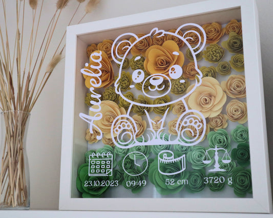 Personalisiertes Geburtsbild mit Namen, Datum & Daten – Bilderrahmen zur Geburt mit Teddy & Rosen – Geschenk zur Geburt für Baby, Mädchen & Jungen, Eltern & Familie